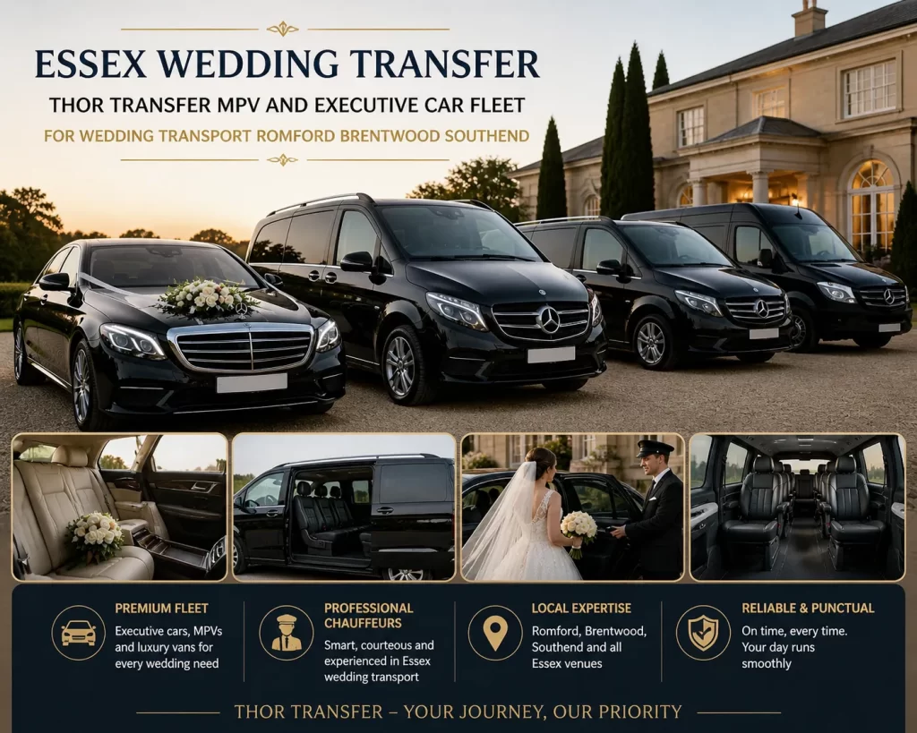 Essex wedding transfer — Thor Transfer MPV and executive car fleet for wedding transport Romford Brentwood Southend