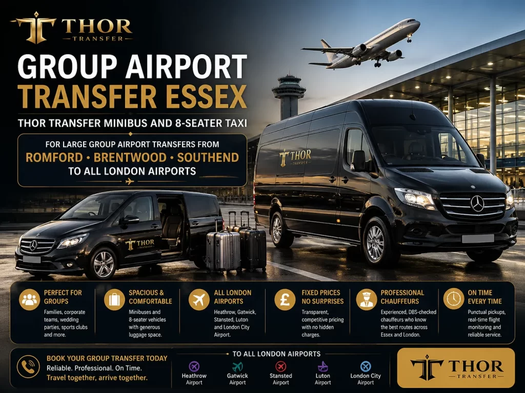 Group airport transfer Essex — Thor Transfer minibus and 8-seater taxi for large group airport transfers from Romford Brentwood Southend to all London airports