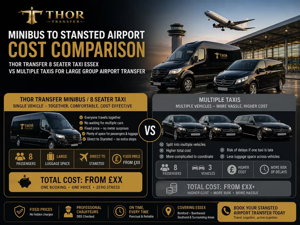 Minibus to Stansted airport cost comparison - Thor Transfer 8 seater taxi Essex vs multiple taxis for large group airport transfer