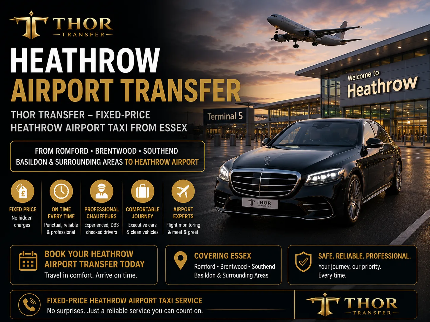 Heathrow Airport Transfer — Thor Transfer fixed-price Heathrow airport taxi from Essex arriving at Heathrow Airport terminal