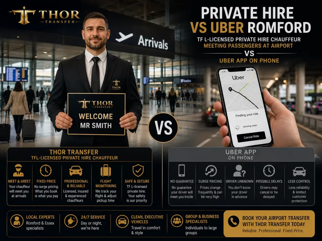 Private hire vs Uber Romford — TfL-licensed private hire chauffeur meeting passengers at airport vs Uber app on phone