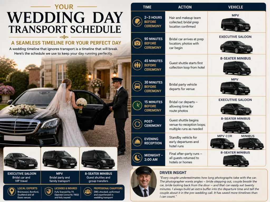 Wedding car hire Essex guide timeline — Thor Transfer chauffeur coordinating wedding transport schedule for Romford Brentwood Southend couples