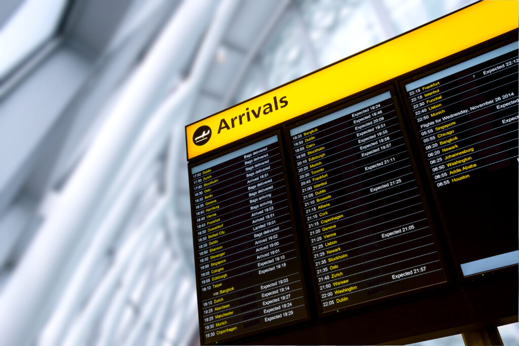 Airport arrivals board for cruise port transfer guide from Essex to Southampton Tilbury Dover