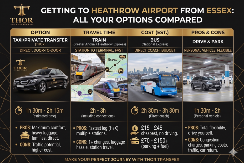 Infographic comparing all options to get to Heathrow Airport from Essex: taxi, train, bus, and drive and park with costs and travel times