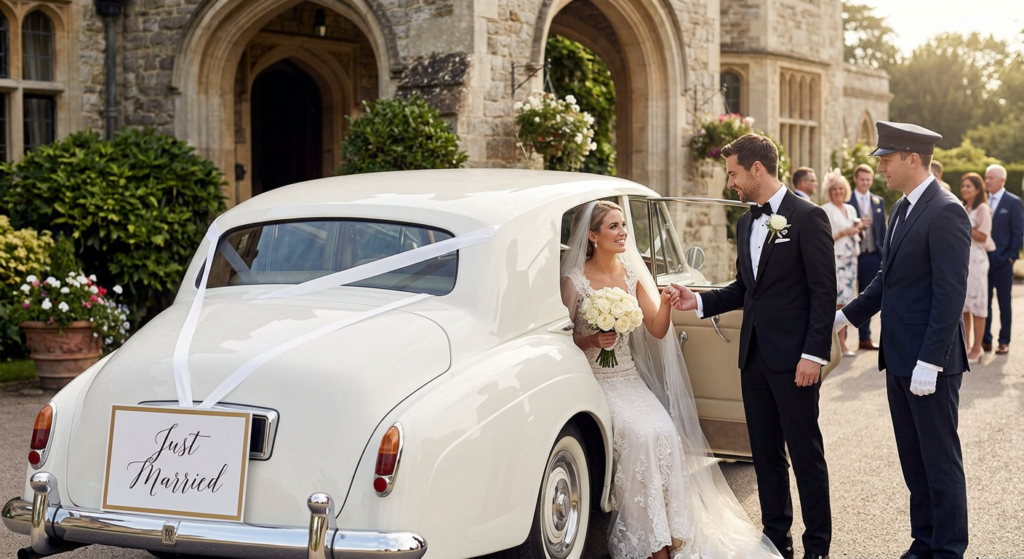Thor Transfer wedding chauffeur service in Essex — luxury car with Just Married sign and professional driver
