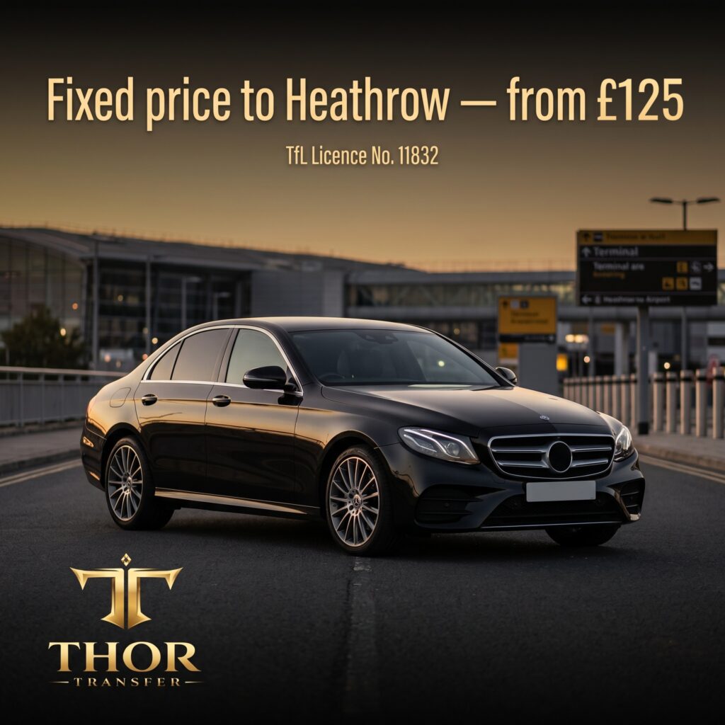 Thor Transfer black executive saloon at Heathrow Airport at dusk, fixed price to Heathrow from £125, TfL Licence No. 11832